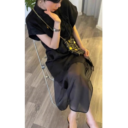 XZOXZO2025新款新中式黑色連衣裙女夏季驚豔拼接小衆設計顯瘦裙子