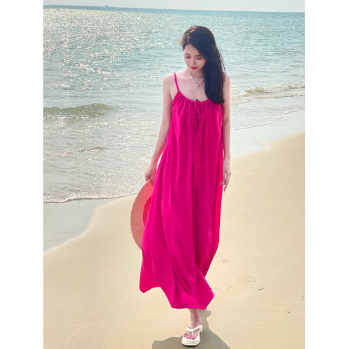 海南拍照露背沙灘裙女夏海邊度假連衣裙火龍果色雪紡大碼吊帶裙子