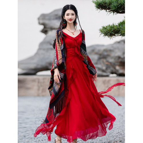 夏日絕美小裙子復古民族風紅色雪紡吊帶連衣裙海邊度假沙灘長裙仙
