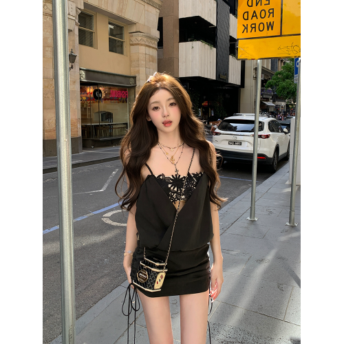 春夏新款法式純欲氣質立體綉花吊帶連衣裙女小個子性感辣妹包臀裙