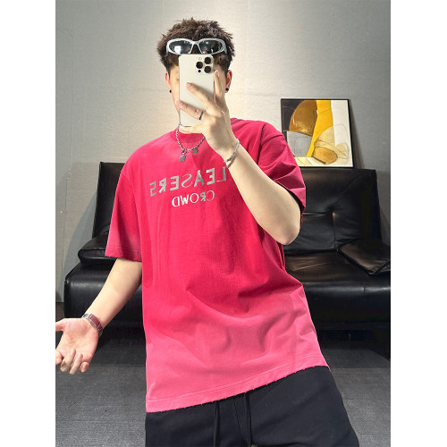 2025夏季新款短袖男潮牌寬松水洗漸變做舊磨邊燒花純棉紅色男t恤