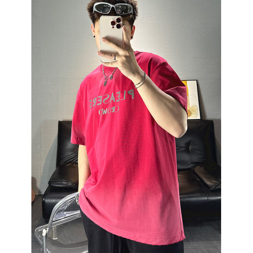 2025夏季新款短袖男潮牌寬松水洗漸變做舊磨邊燒花純棉紅色男t恤