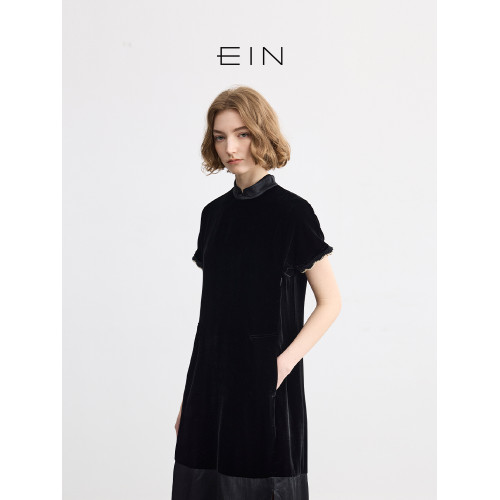 EIN言輕禮服新中式立領流光絲絨花邊拼接旗袍連衣裙 2025春夏新款