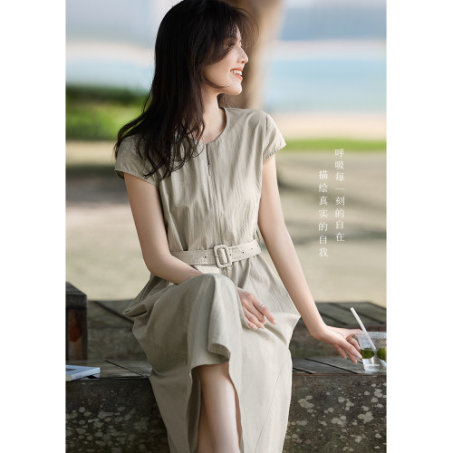 XWI訢未棉質知性優雅純色連肩袖連衣裙女夏季大方得體收腰顯瘦裙