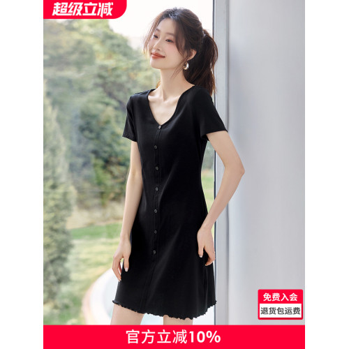 沫晗依美休閒V領連衣裙2025夏季新款氣質收腰木耳邊下擺連衣裙女
