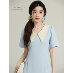 暖兮NUANXI法式撞色娃娃領短袖連衣裙女夏季2025新款收腰顯瘦裙子