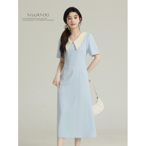 暖兮NUANXI法式撞色娃娃領短袖連衣裙女夏季2025新款收腰顯瘦裙子