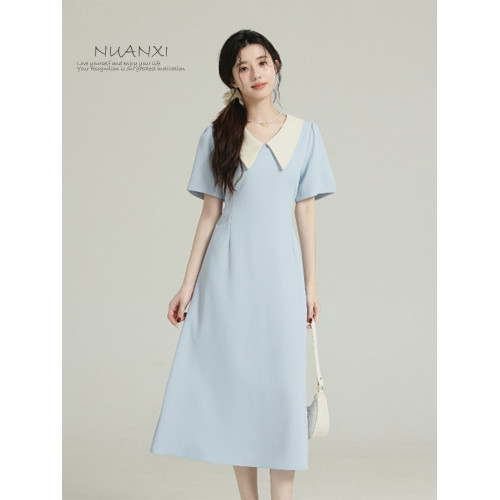 暖兮NUANXI法式撞色娃娃領短袖連衣裙女夏季2025新款收腰顯瘦裙子