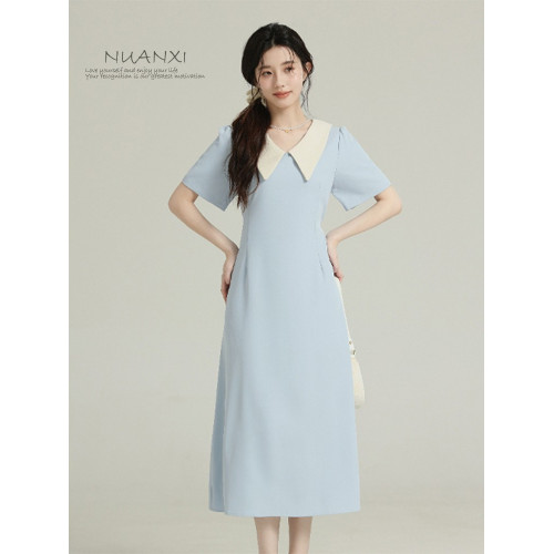 暖兮NUANXI法式撞色娃娃領短袖連衣裙女夏季2025新款收腰顯瘦裙子