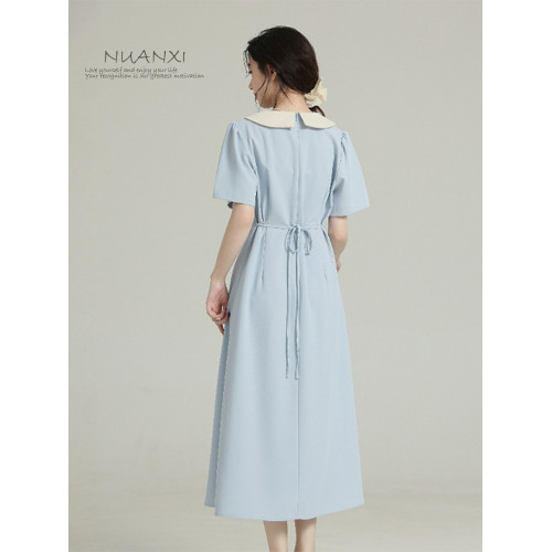 暖兮NUANXI法式撞色娃娃領短袖連衣裙女夏季2025新款收腰顯瘦裙子