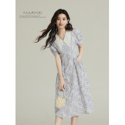 暖兮NUANXI法式茶歇娃娃領碎花連衣裙女夏2025新款海邊度假風裙子