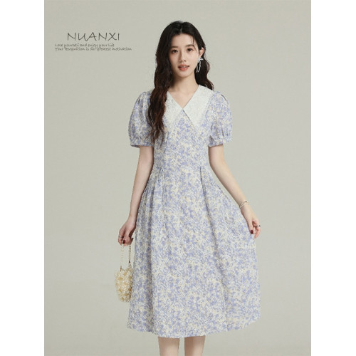 暖兮NUANXI法式茶歇娃娃領碎花連衣裙女夏2025新款海邊度假風裙子