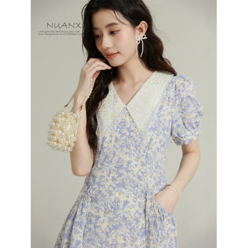 暖兮NUANXI法式茶歇娃娃領碎花連衣裙女夏2025新款海邊度假風裙子