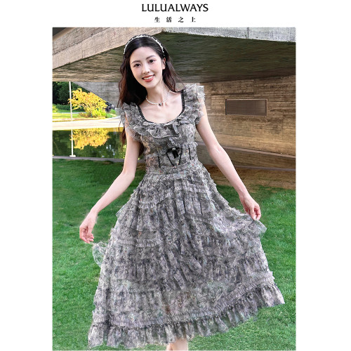 LULUALWAYS【商場同款】25夏季新款法式氣質網紗拼接蛋糕連衣裙女