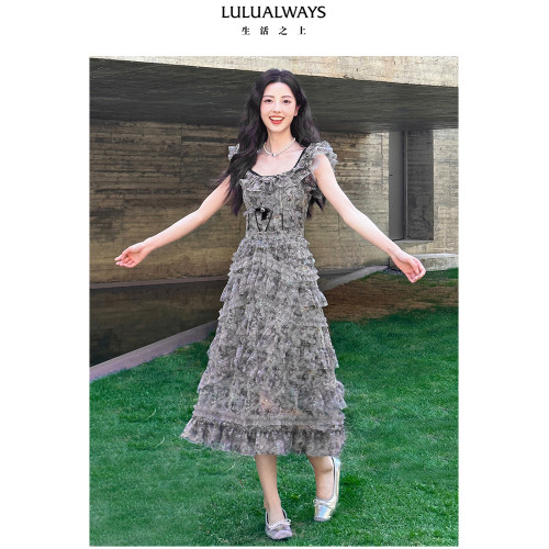 LULUALWAYS【商場同款】25夏季新款法式氣質網紗拼接蛋糕連衣裙女