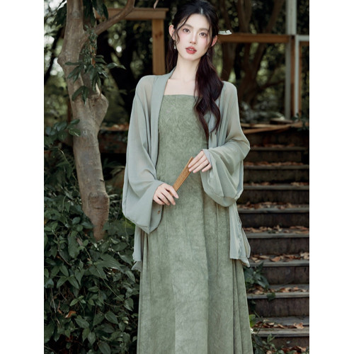 新中式禪意淡雅顯瘦連衣裙新款綠色古風改良絕美漢服吊帶裙套裝