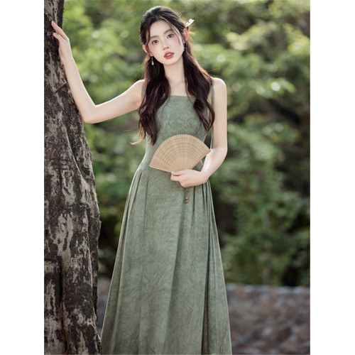 新中式禪意淡雅顯瘦連衣裙新款綠色古風改良絕美漢服吊帶裙套裝