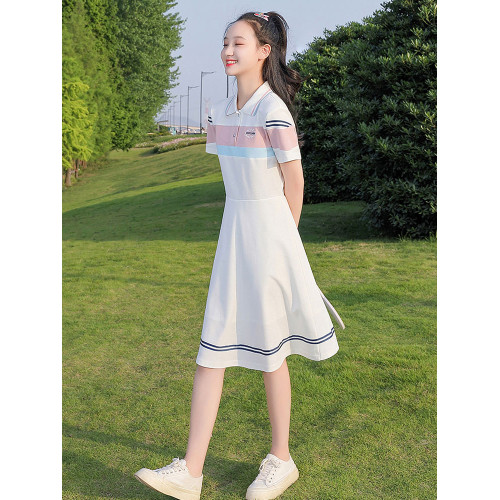 少女連衣裙甜美收腰初中生夏裝12嵗13大童16學生POLO裙學院風裙子