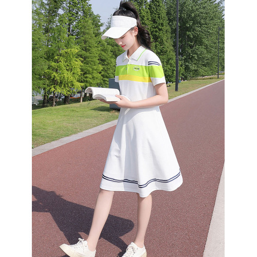 少女連衣裙甜美收腰初中生夏裝12嵗13大童16學生POLO裙學院風裙子