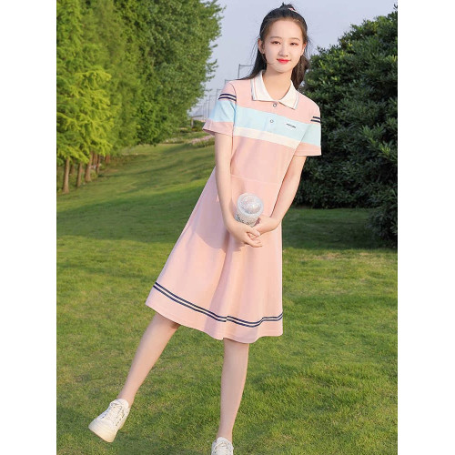 少女連衣裙甜美收腰初中生夏裝12嵗13大童16學生POLO裙學院風裙子