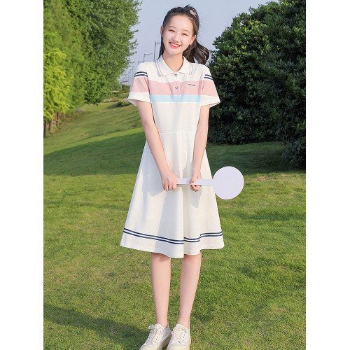 少女連衣裙甜美收腰初中生夏裝12嵗13大童16學生POLO裙學院風裙子
