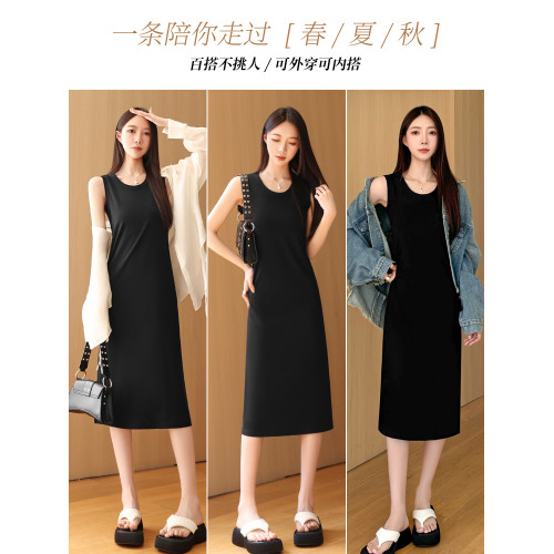 黑色連衣裙女夏季薄款2025新款吊帶小個子打底內搭長款無袖背心裙