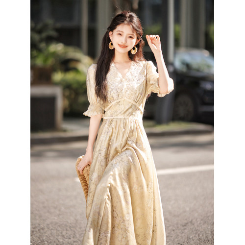 趙大喜自製【】春和景明原創系列｜v領收腰連衣裙2025連衣裙