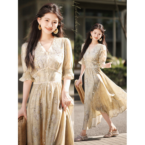 趙大喜自製【】春和景明原創系列｜v領收腰連衣裙2025連衣裙