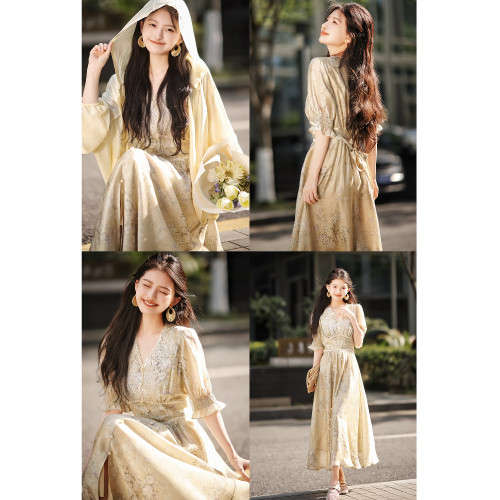 趙大喜自製【】春和景明原創系列｜v領收腰連衣裙2025連衣裙