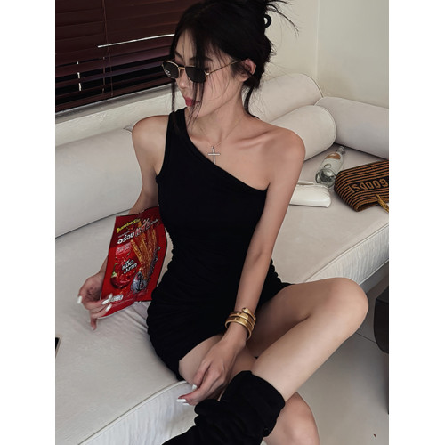 性感辣妹緊身包臀短裙無袖修身顯瘦褶皺斜肩帶胸墊吊帶連衣裙女夏