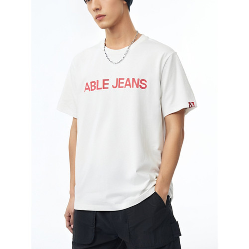 ABLE JEANS男t恤純棉短袖圓領印花體恤衫白色純棉寬松打底衫