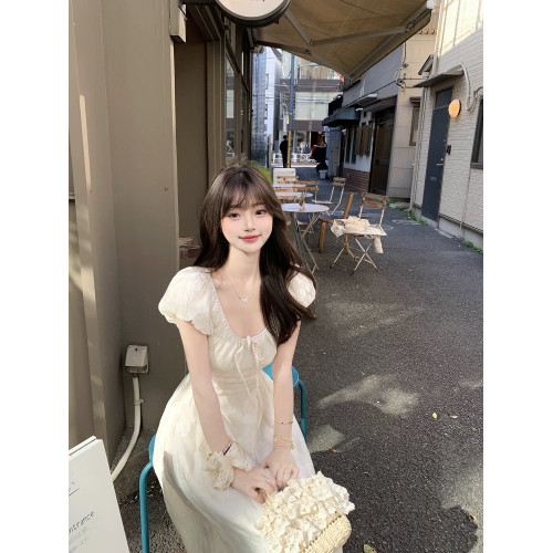法式溫柔風泡泡短袖收腰連衣裙女夏季甜美氣質修身顯瘦長款A字裙
