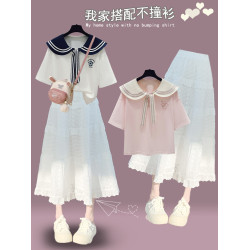 少女海軍領洋氣連衣裙2025夏裝初中生套裝裙高中學生時尚女孩裙子