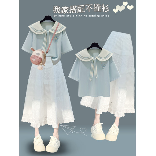 少女海軍領洋氣連衣裙2025夏裝初中生套裝裙高中學生時尚女孩裙子