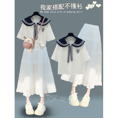 少女海軍領洋氣連衣裙2025夏裝初中生套裝裙高中學生時尚女孩裙子