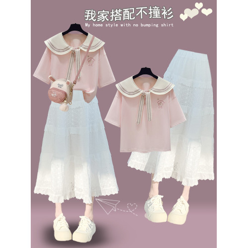 少女海軍領洋氣連衣裙2025夏裝初中生套裝裙高中學生時尚女孩裙子