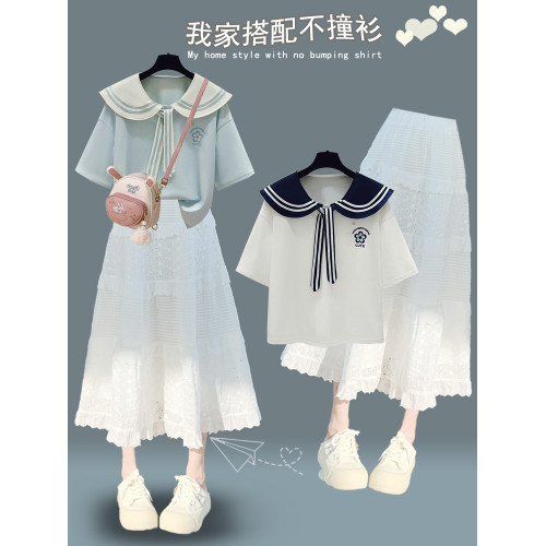 少女海軍領洋氣連衣裙2025夏裝初中生套裝裙高中學生時尚女孩裙子