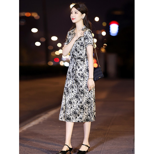 杭州印花真絲連衣裙女2025新款夏季短袖中長款氣質收腰桑蠶絲裙子