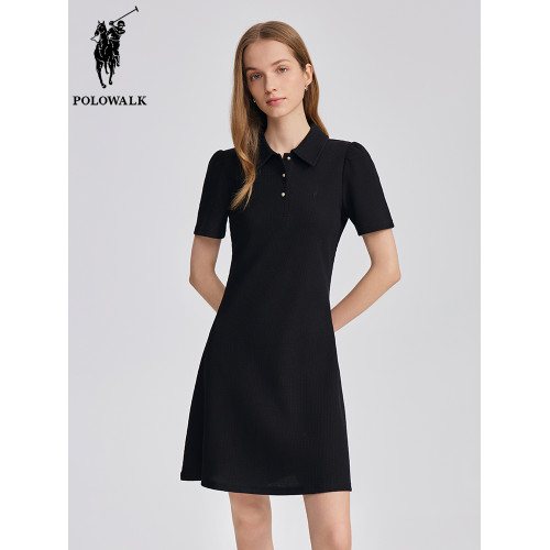 POLOWALK韓版肌理感純色polo裙女2025夏季減齡收腰顯瘦刺綉連衣裙