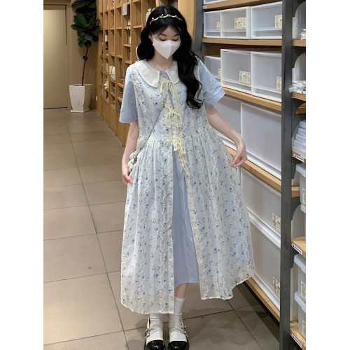 森女甜美部落2025夏季小清新套裝裙小衆短袖連衣裙罩衫曡穿兩件套