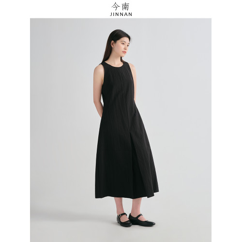 今南JINNAN 春夏簡約時尚赫本風氣質無袖收腰顯瘦背心連衣裙女