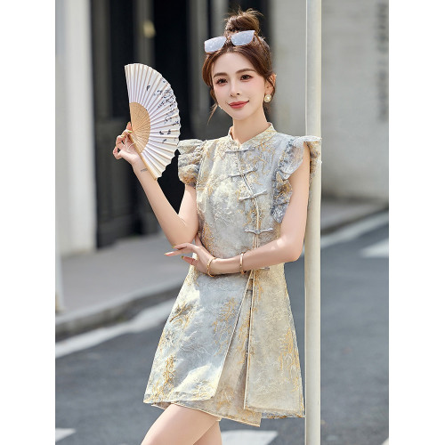 改良旗袍連衣裙女夏季2025新款收腰顯瘦新中式國風刺綉短褲兩件套