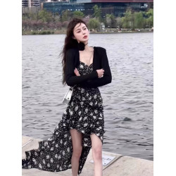 XZOXZO法式荷葉邊吊帶碎花連衣裙針織開衫夏季純欲性感不規則長裙