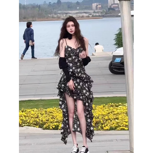 XZOXZO法式荷葉邊吊帶碎花連衣裙針織開衫夏季純欲性感不規則長裙