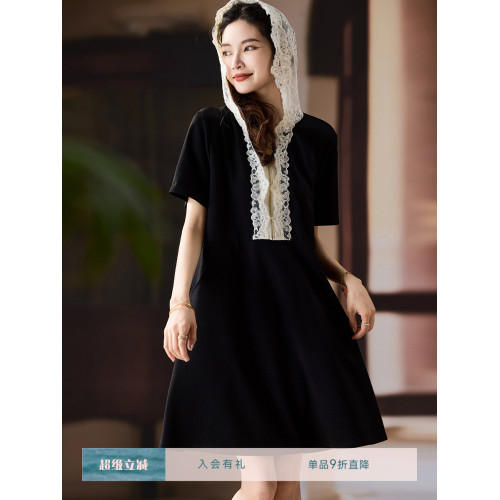 素木蕾絲拼接連帽連衣裙女黑色大碼A字裙2025年夏季新款歐貨裙子