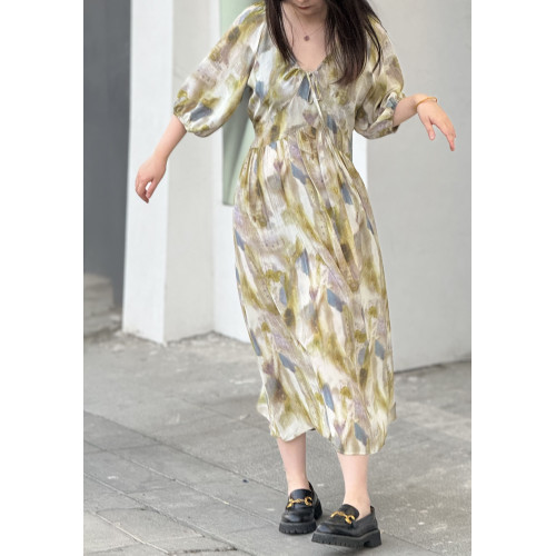 夢絲源2025夏新100%桑蠶絲真絲寬松顯瘦連衣裙女長款V領雙縐裙