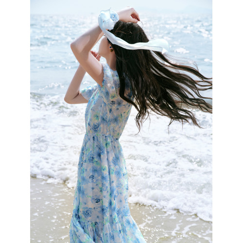 【喬訢同款】珂萊蒂爾2025夏新款茶歇印花V領連衣裙女長款飄逸裙
