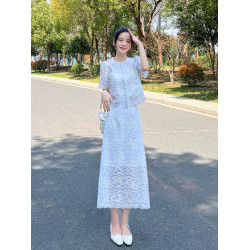 小香風連衣裙女2025夏季新款短袖蕾絲鏤空上衣+薄款半身裙兩件套