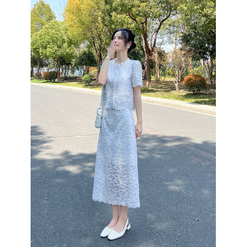 小香風連衣裙女2025夏季新款短袖蕾絲鏤空上衣+薄款半身裙兩件套