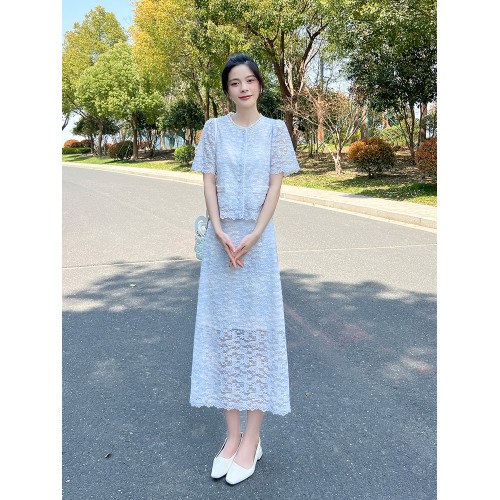 小香風連衣裙女2025夏季新款短袖蕾絲鏤空上衣+薄款半身裙兩件套